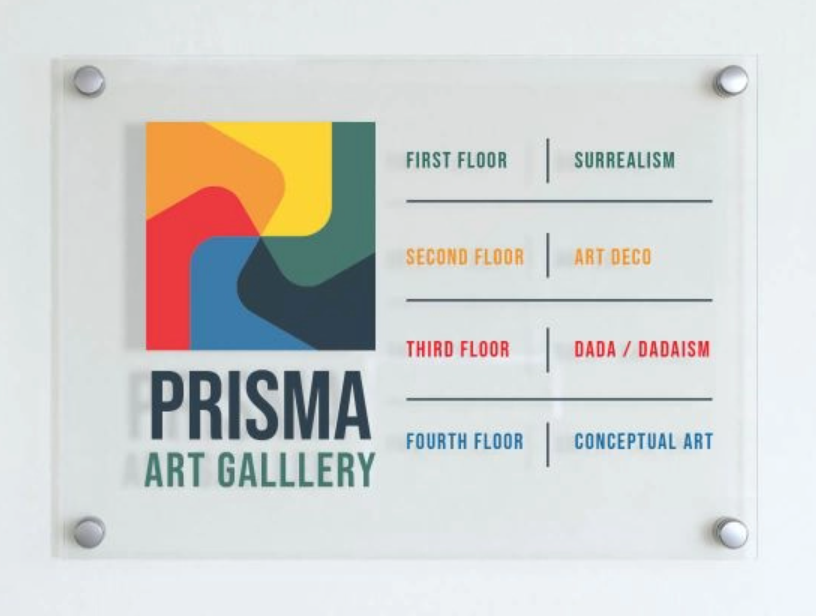 Art gallery acrylic board signage with elegant typography and clear finish