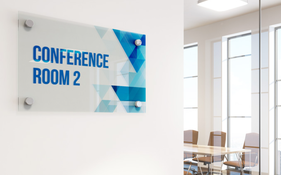 Conference room acrylic board signage for office wayfinding system
