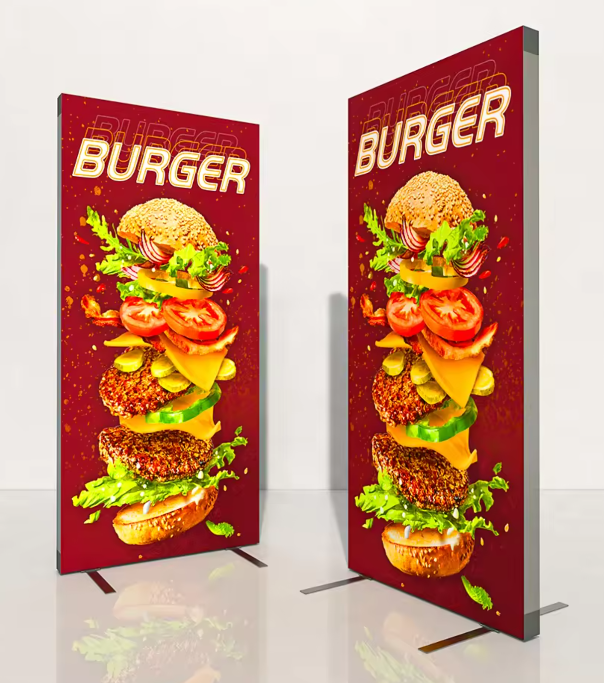 Burger restaurant fabric lightbox signage with food photography graphics