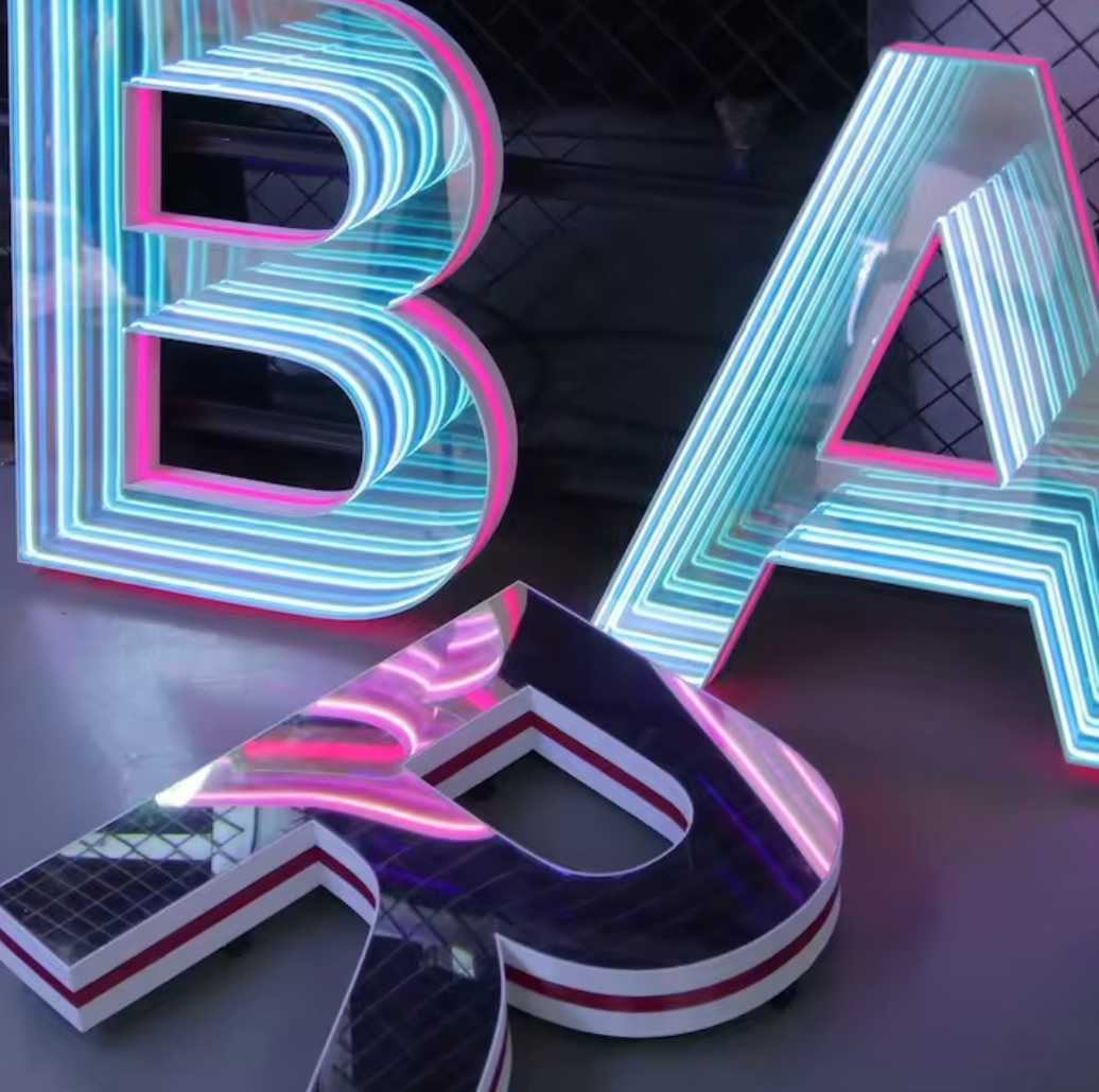 BoxUp branded infinity mirror signage with LED lighting and depth illusion