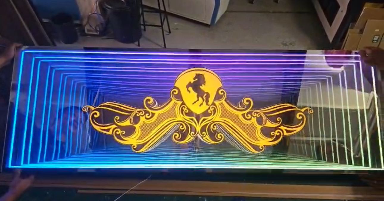 Ferrari logo infinity mirror display for luxury automotive showroom