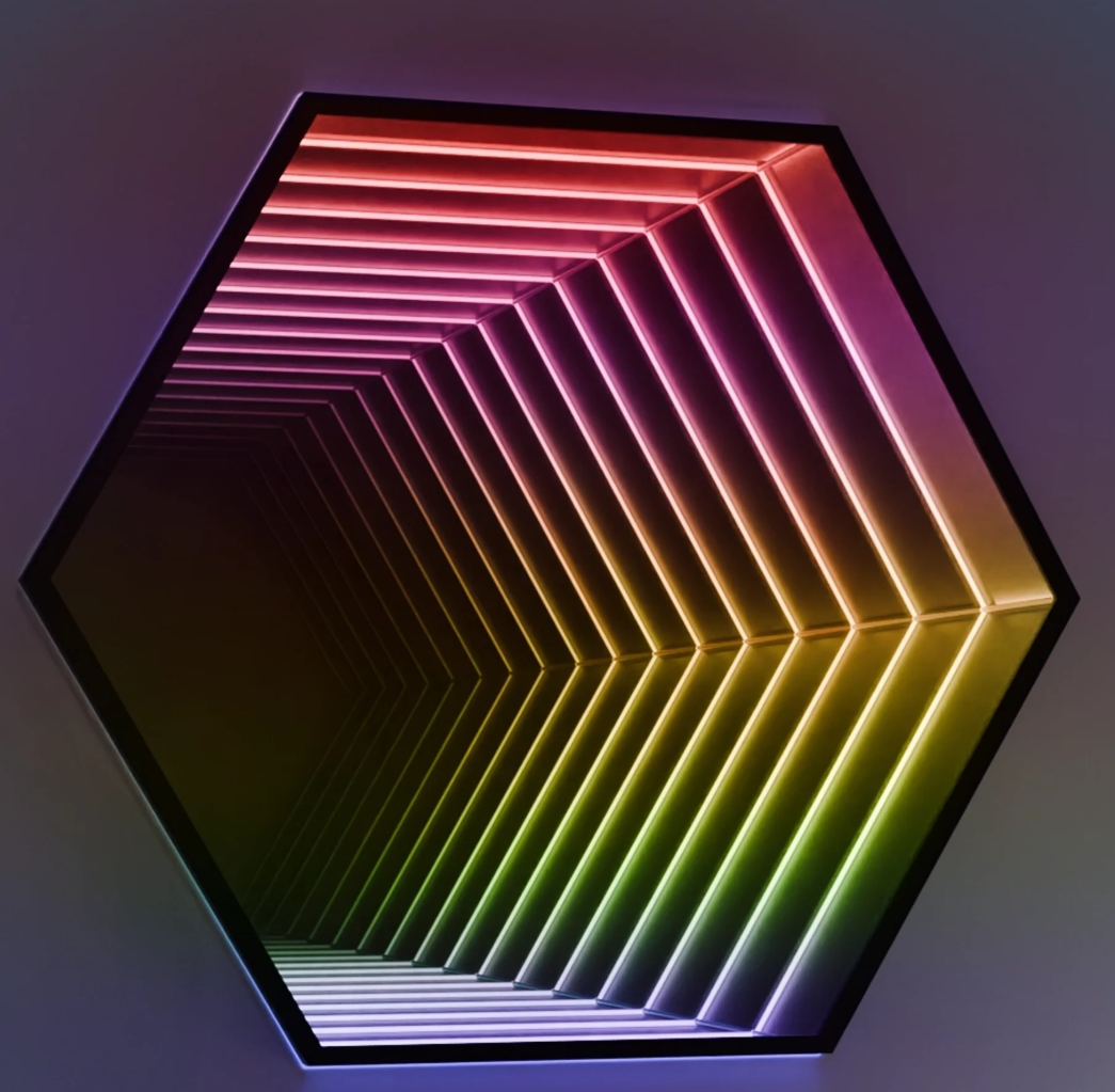 Hexagonal infinity mirror signage with geometric LED pattern design