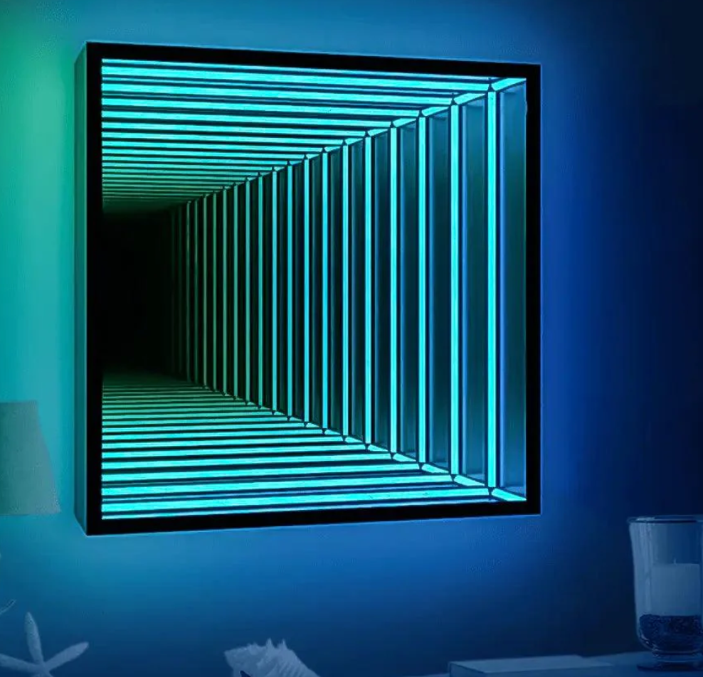 Teal colored infinity mirror signage with RGB LED programmable lighting