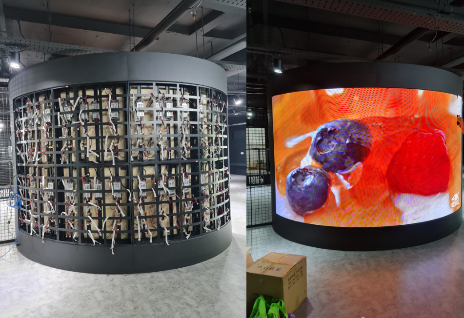 Curved LED video wall forming immersive concave display for retail and atriums