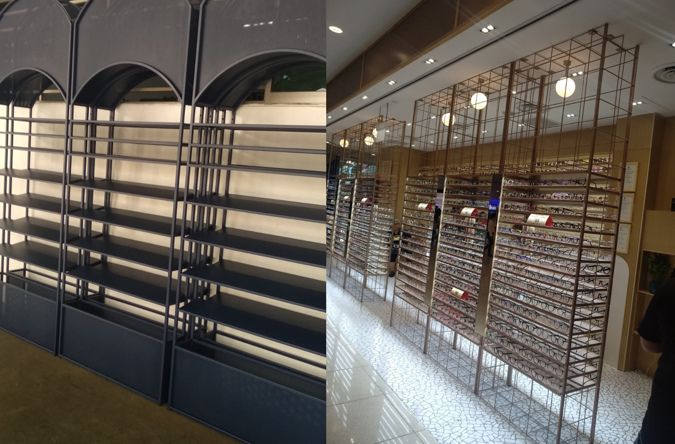 Precision metal fabricated spectacle display frame for optical retail