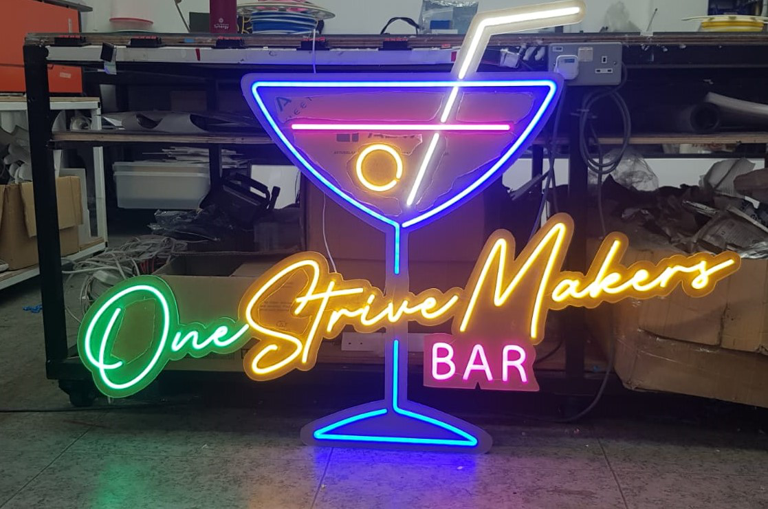 Strive Makers Bar LED neon signage with modern typography design
